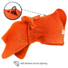 Orange Original dog drying robe showing location of Harness Access Opening and close-up of D-ring