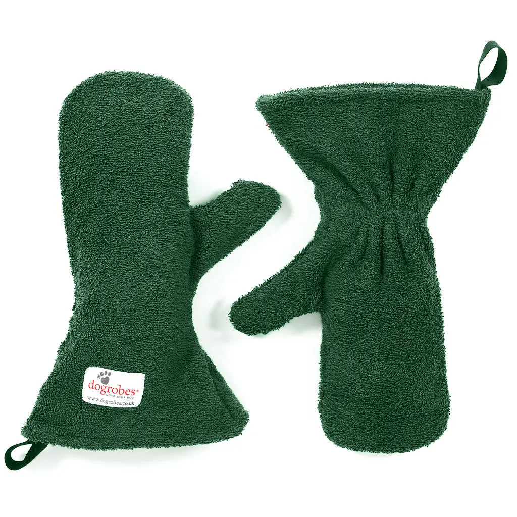 Pair of Green Dogrobes Dog Drying Gauntlets (mitts) used for drying a dog’s legs and paws or giving a quick rub-down
