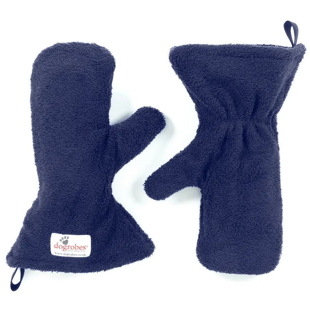 Pair of Navy Dogrobes Dog Drying Gauntlets (mitts) used for drying a dog’s legs and paws or giving a quick rub-down