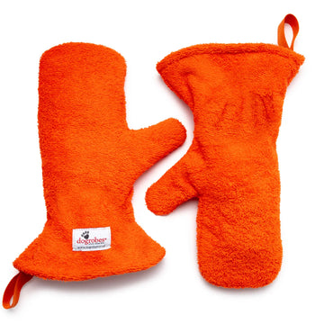 Pair of Orange Dogrobes Dog Drying Gauntlets (mitts) used for drying a dog’s legs and paws or giving a quick rub-down