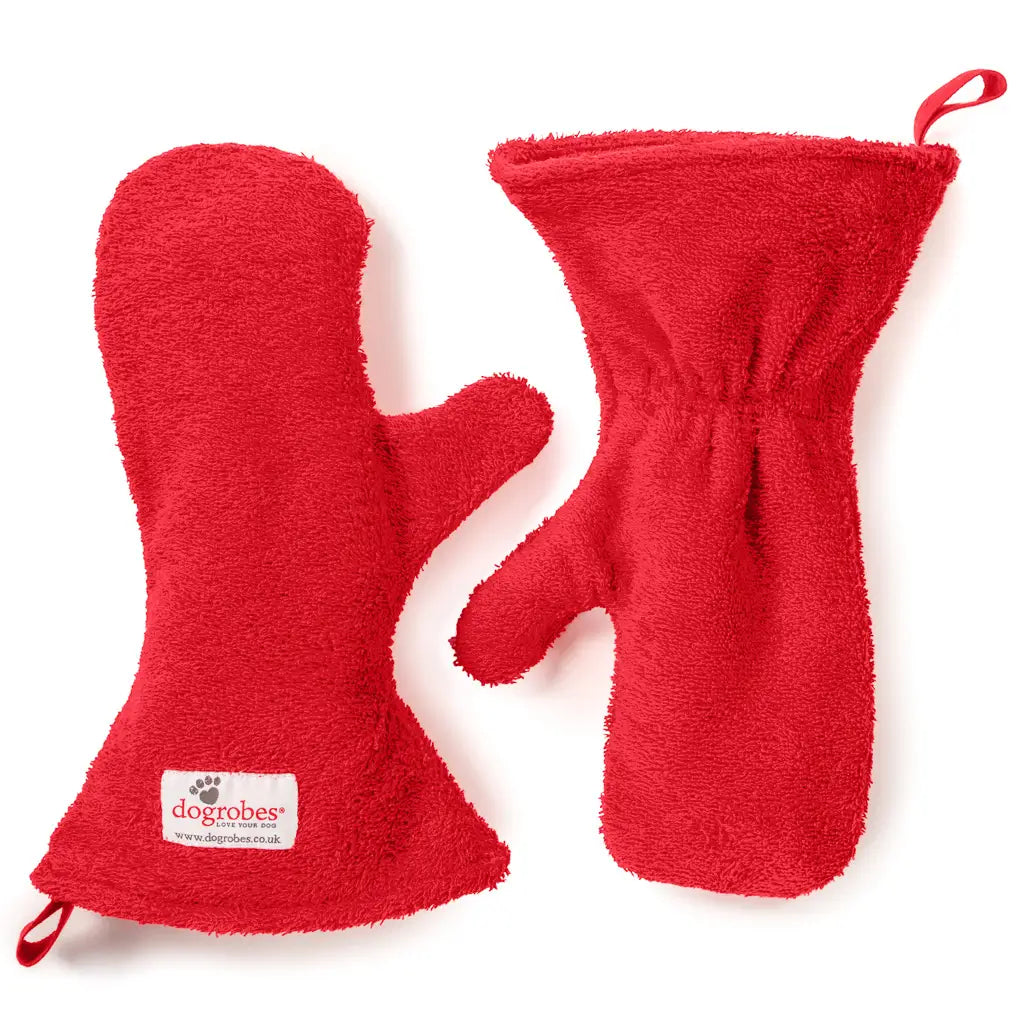 Pair of Red Dogrobes Dog Drying Gauntlets (mitts) used for drying a dog’s legs, paws, or giving a quick rub-down