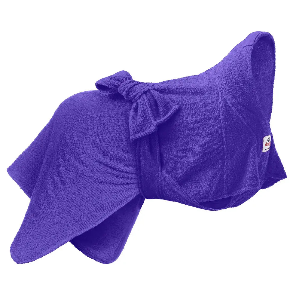 Purple Dogrobe MAX dog towel coat designed by Dogrobes with extra length and higher collar for maximum coverage