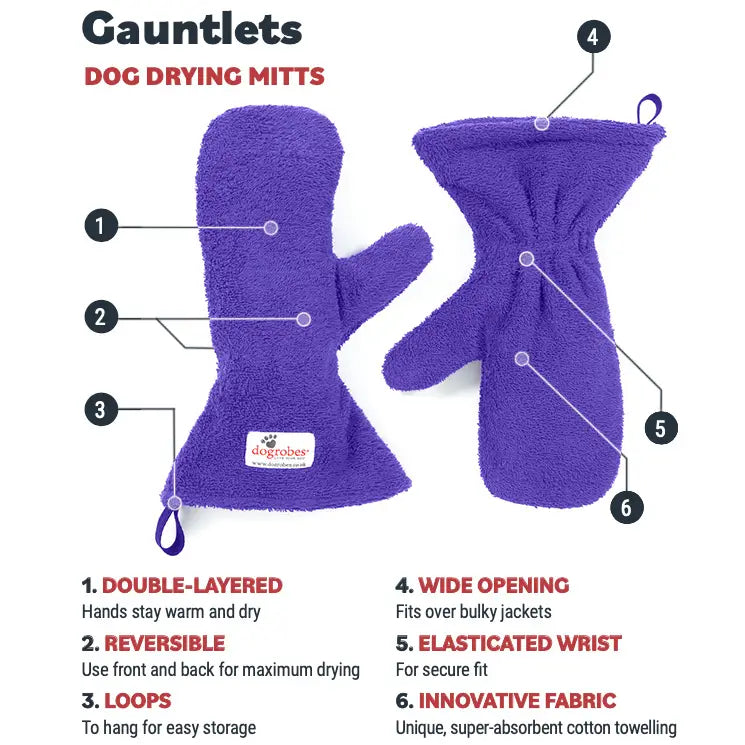 Dogrobes Purple Gauntlets showing six features including double-layered and reversible