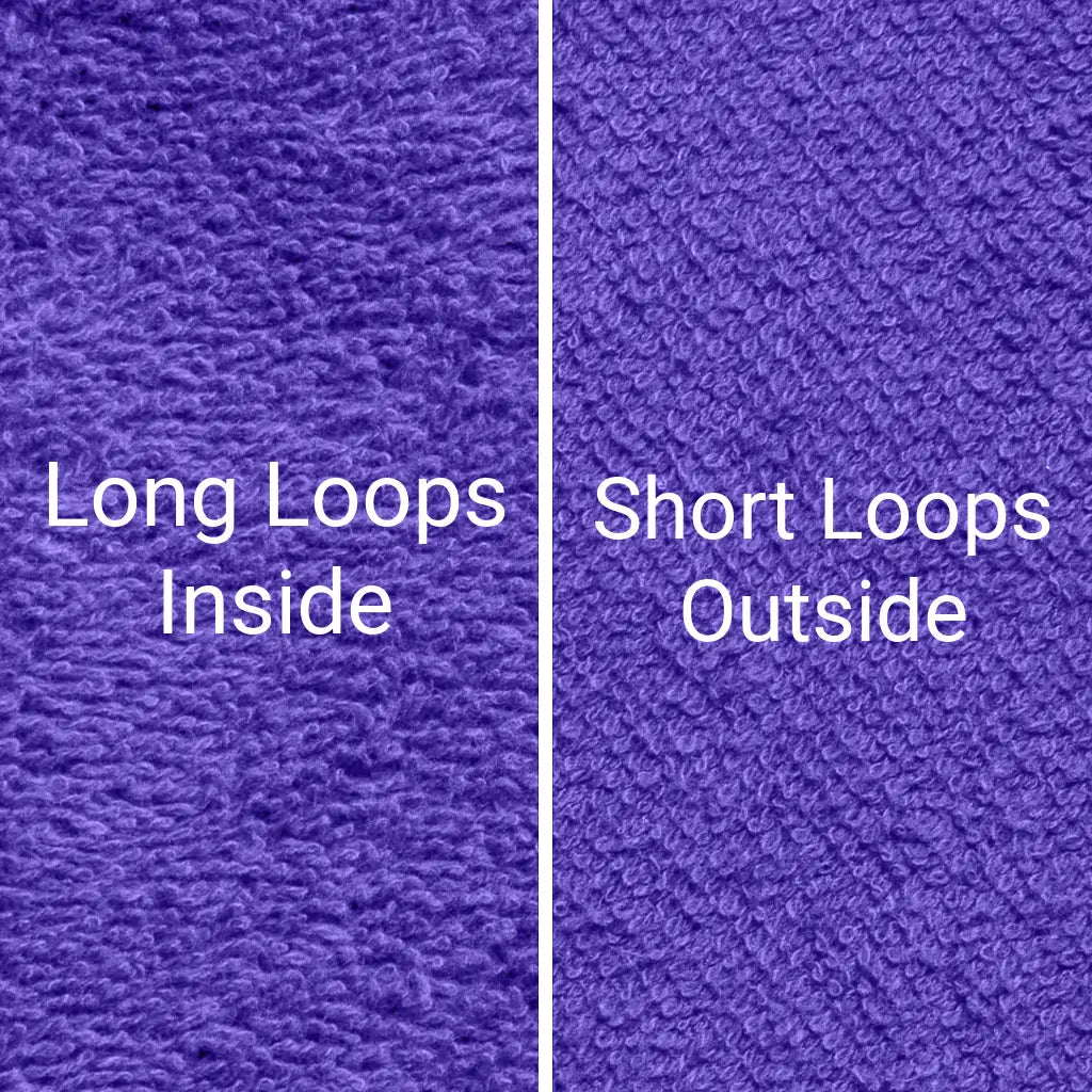 Purple Dogrobes dog drying coats and snoods fabric, long inner cotton loops for maximum absorbency and warmth retention