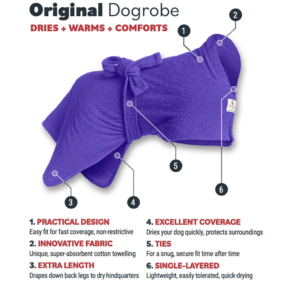 Purple Original Dogrobe dog drying robe features diagram highlighting absorbent cotton towelling and extra length to dry, warm and comfort pets