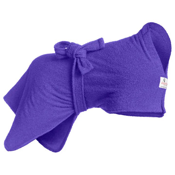 Purple Original Dogrobe dog drying robe absorbs moisture quickly, keeping pets warm after wet walks and comforting anxious dogs in stressful times