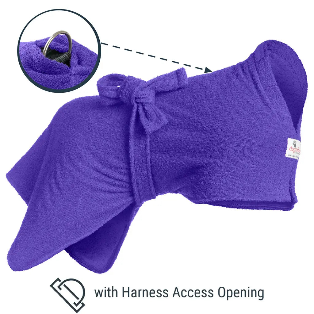 Purple Original dog drying robe showing location of Harness Access Opening and close-up of D-ring