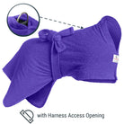 Purple Original dog drying robe showing location of Harness Access Opening and close-up of D-ring