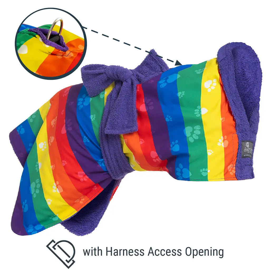 Rainbow dog drying coat with purple towelling inside, harness access opening highlighted