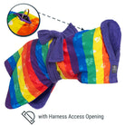 Rainbow dog drying coat with purple towelling inside, harness access opening highlighted