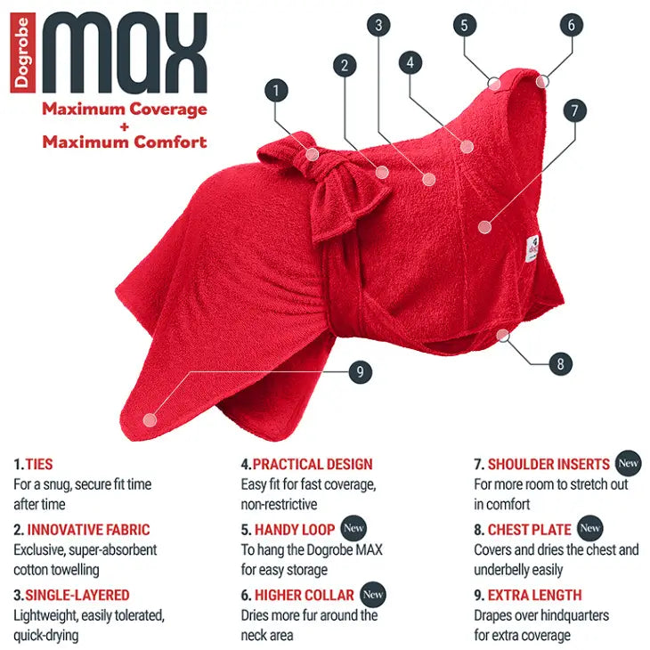 Features of Red Dogrobe MAX dog towel robe from Dogrobes including chest plate and extra length