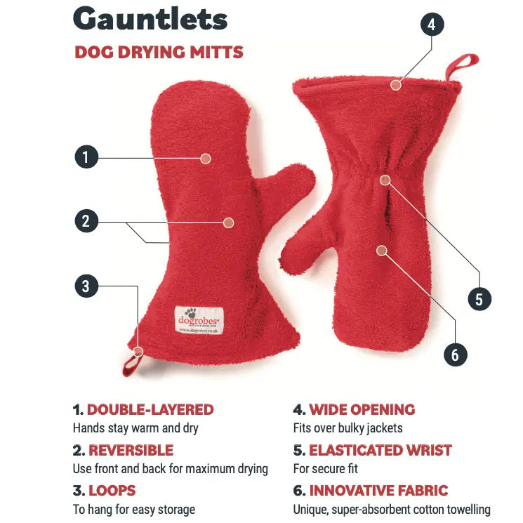 Dogrobes Red Gauntlets showing key features including hanging loops and wide opening