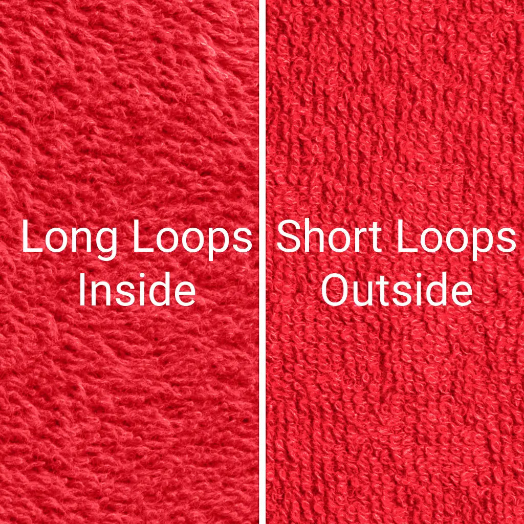 Red Dogrobes dog drying coats and snoods fabric, long inner cotton loops for maximum absorbency and warmth retention