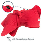 Red Original dog drying robe showing location of Harness Access Opening and close-up of D-ring