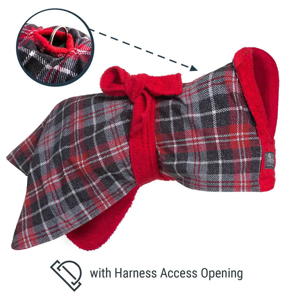 Tartan dog drying coat with red towelling inside, harness access opening highlighted