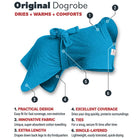 Teal Original Dogrobe dog drying robe features image showing practical design, excellent coverage and ties to dry, warm and comfort nervous dogs
