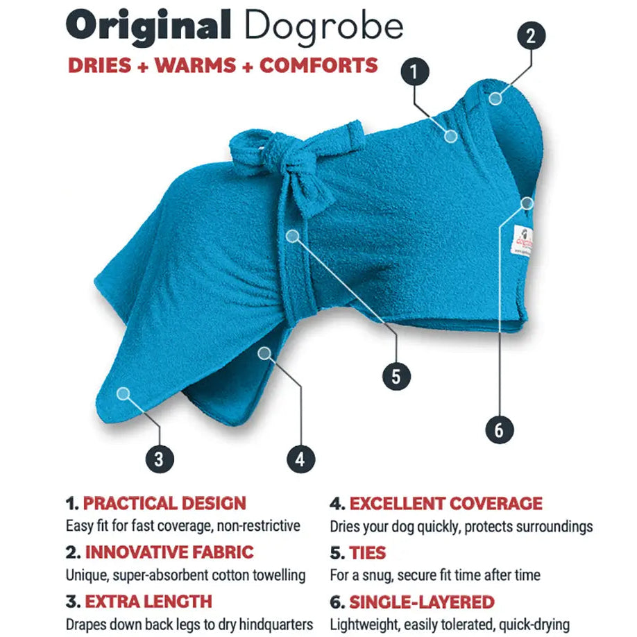 Teal Original Dogrobe dog drying robe features image showing practical design, excellent coverage and ties to dry, warm and comfort nervous dogs