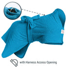 Teal Original dog drying robe showing location of Harness Access Opening and close-up of D-ring