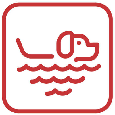 Red icon showing when to use Dogrobes dog drying coat after swimming and hydrotherapy