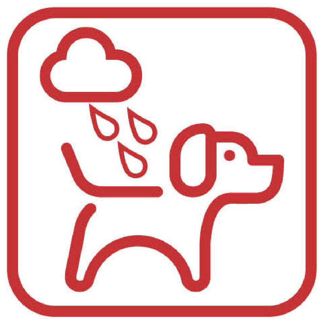 Red icon showing when to use Dogrobes dog dressing gown after walks in the rain