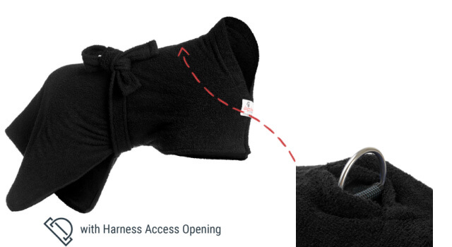 Black dog dressing gown by Dogrobes UK with harness access opening for dogs who wear a harness.
