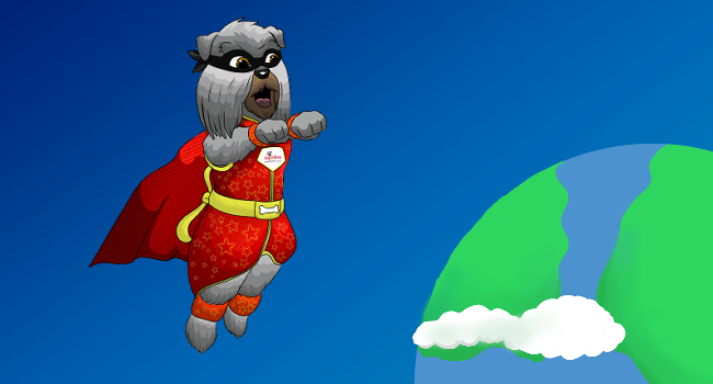 Cartoon of a superhero dog wearing a dog drying coat superhero outfit flying above the world
