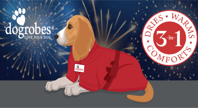 Cartoon image of a dog wearing a red dog robe, with the Dogrobes UK logo in the background and fireworks behind it.