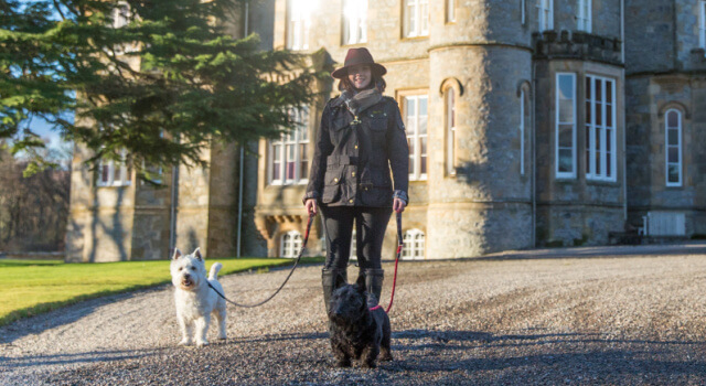 A lady walking her Westie and Scottie during the day.