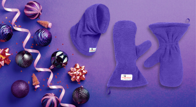Matching Purple Snood and Gauntlets, perfect stocking fillers, on a purple background with Christmas baubles