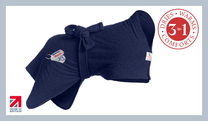 Dogrobes special edition navy dog drying coat with Hounds for Heroes embroidered logo. Made in Britain logo and 3-in-1 roundel, dries, warms, comforts.