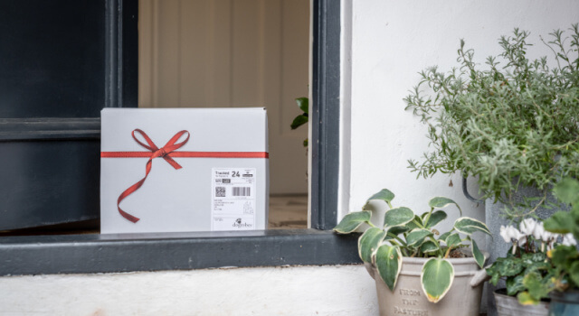 dogrobes-gift-parcel-doorstep-delivery-grey-box-bow Dogrobes gift parcel in grey box with red bow left safely on a doorstep, showing Christmas delivery