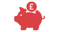 Red piggy bank with pound coin being put in slot