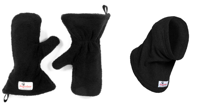 Black dog drying mitts and black dog Snood by Dogrobes UK.