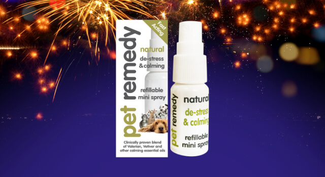 Pet Remedy Mini Calming Spray in front of fireworks. The natural calming spray is clinically proven to reduce stress in dogs.