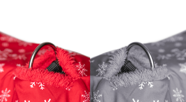 Close up of red and grey Harness Access Openings in a Red and Grey Snowflakes Dogrobe