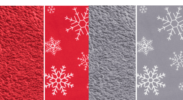 Inner and outer printed fabrics, red and grey towelling and red and grey printed fabric with white snowflakes